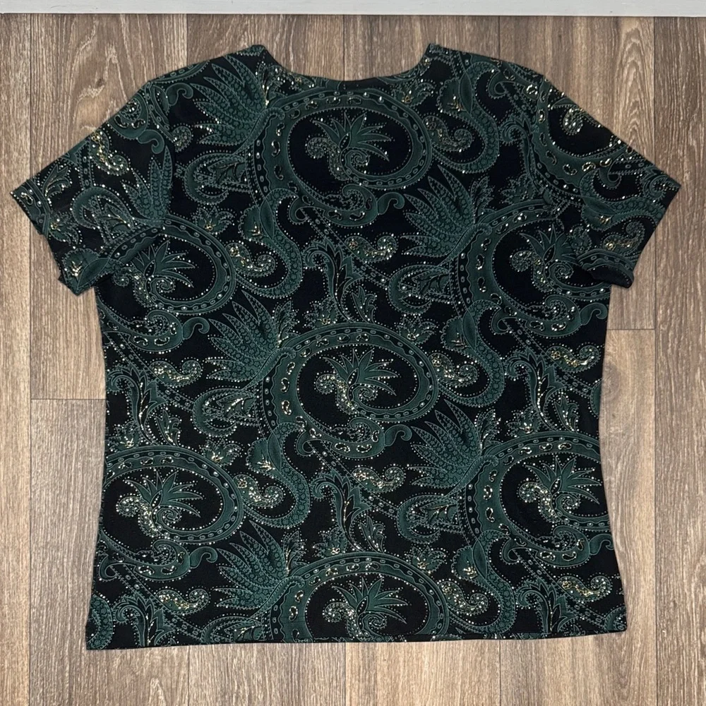 Jaclyn Smith Black and Green Paisley Short Sleeve Top Women’s Size XL - Picture 12 of 13